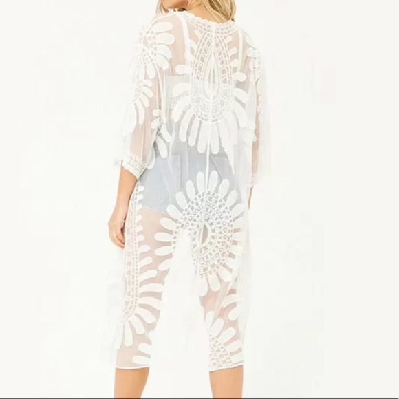 New! White Boho Floral Lace Kimono Beach Coverup - Picture 10 of 13